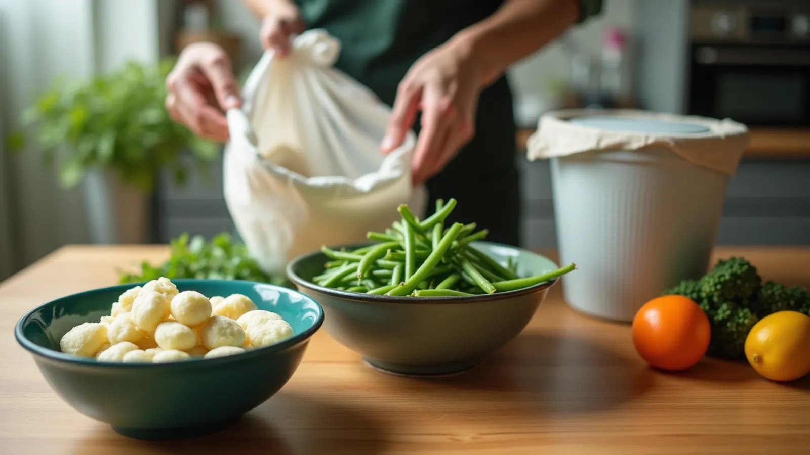 Three bowls of frozen, thawed, and discarded vegetables on a kitchen table