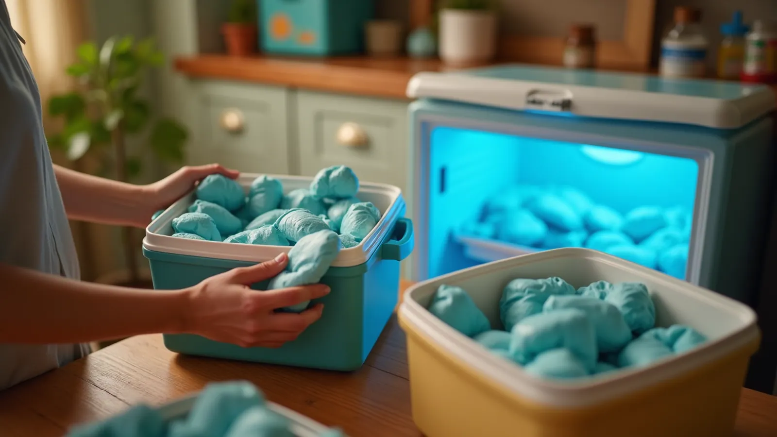 Hands sorting frozen food packages into coolers beside an open freezer.