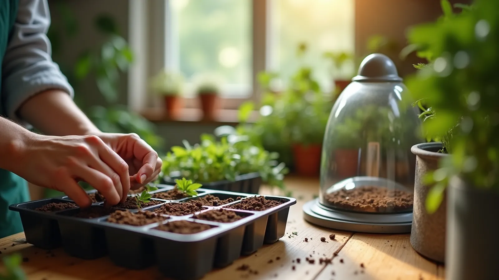 Hands sowing seeds into trays of moist mix beside a clear dome and grow light