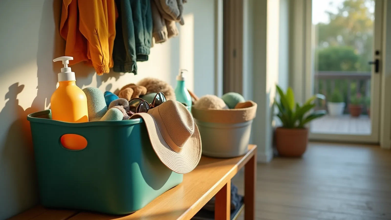 Sunscreen, hats and rain jacket placed in kit tote for spring