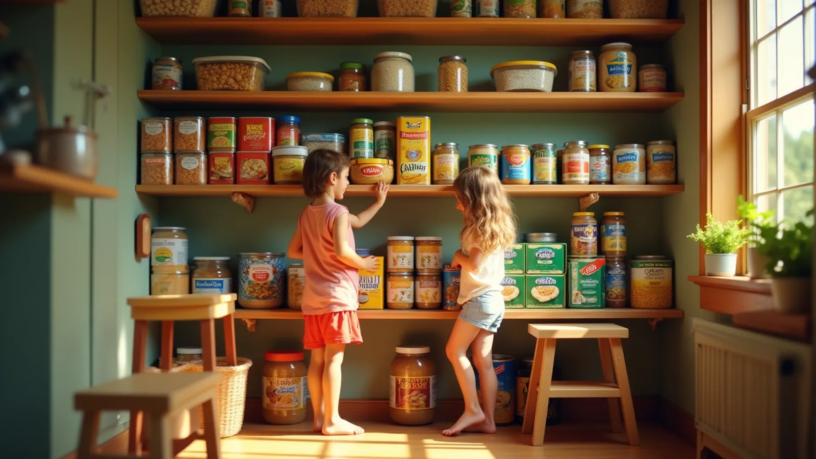 Stocked pantry shelves with familiar family foods after steady weekly shopping.