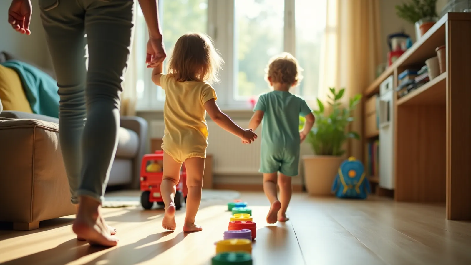 Children from behind practice an evacuation route with colored blocks on the floor