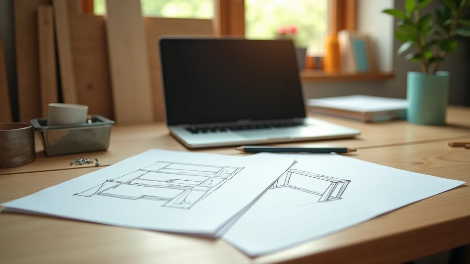 Simple pencil drawings of a wooden shelf on blank paper beside a closed laptop on a workbench