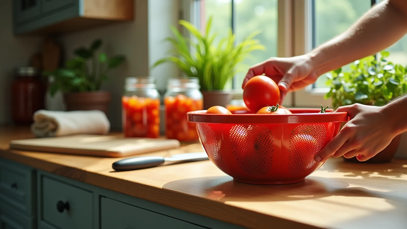 Ripe tomatoes for canning in a colander beside clean jars on a sunlit counter