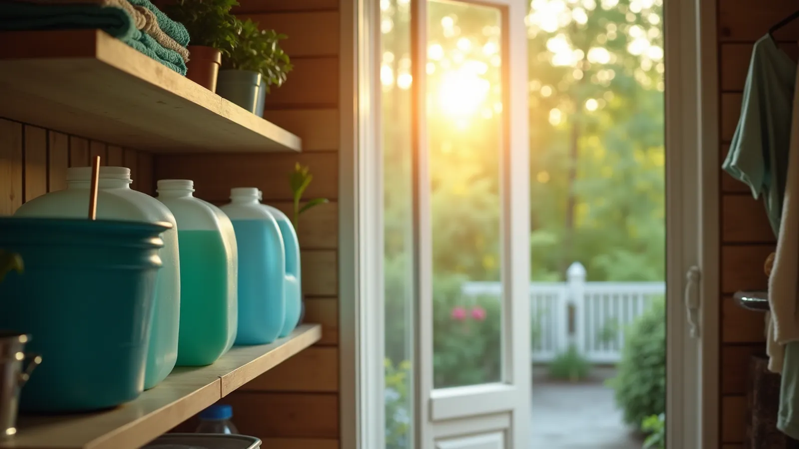 Capped jugs of treated water on a pantry shelf next to a bucket and cloths