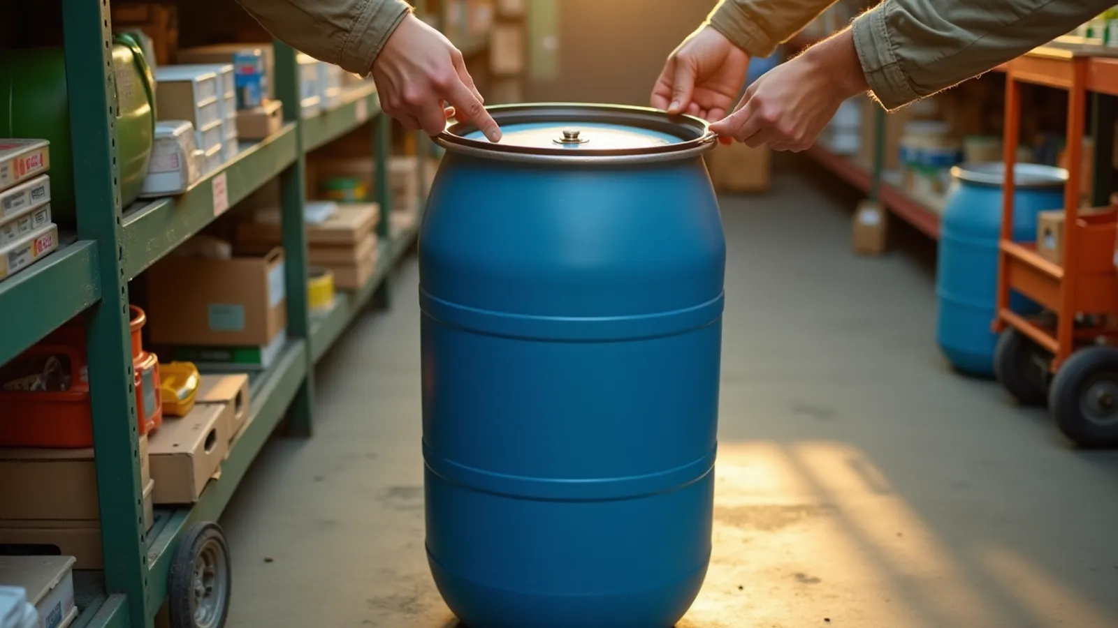 Hands inspect a used blue water barrel and gasket at a farm-supply store