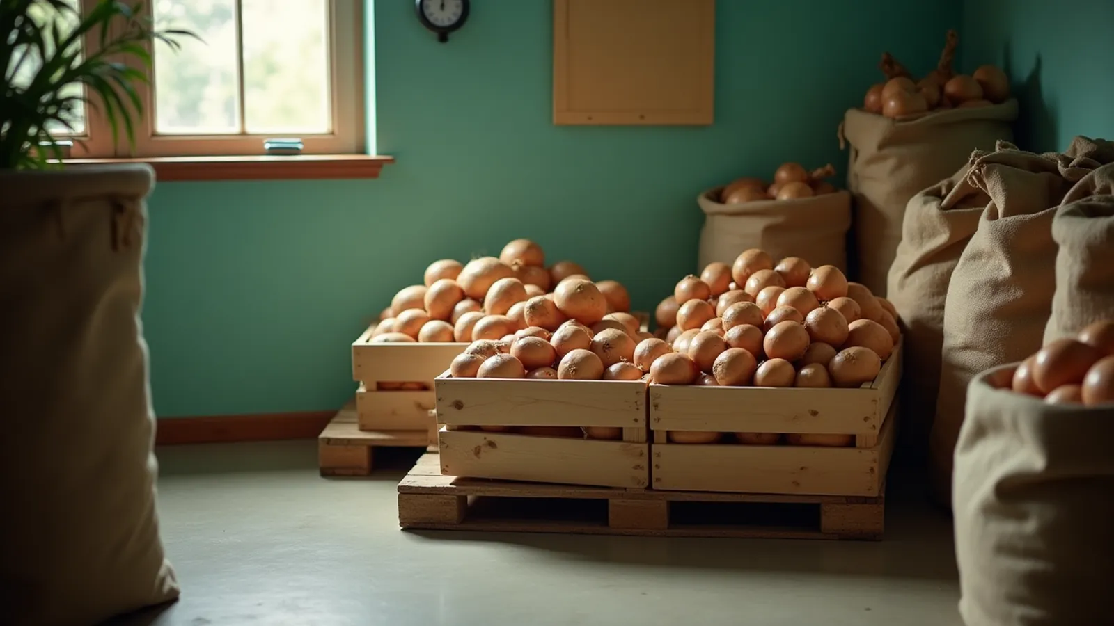 Crates of onions and potatoes raised off a basement floor on a pallet, with sacks and a wall clock
