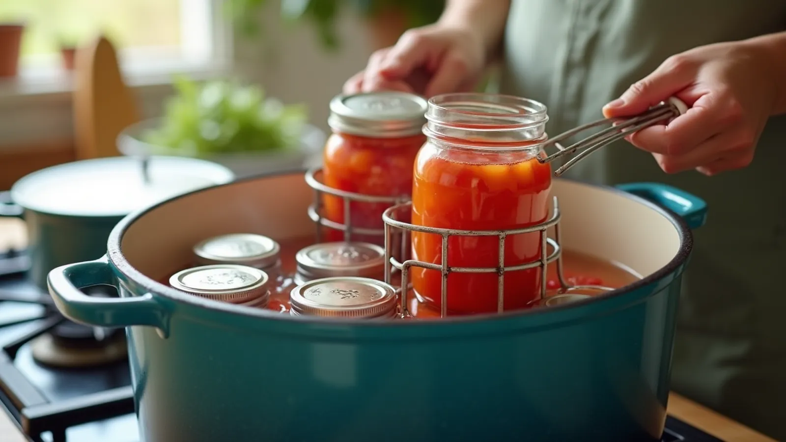 Water bath canning: hands lower a jar of tomatoes into a blue enamel canner with a jar rack