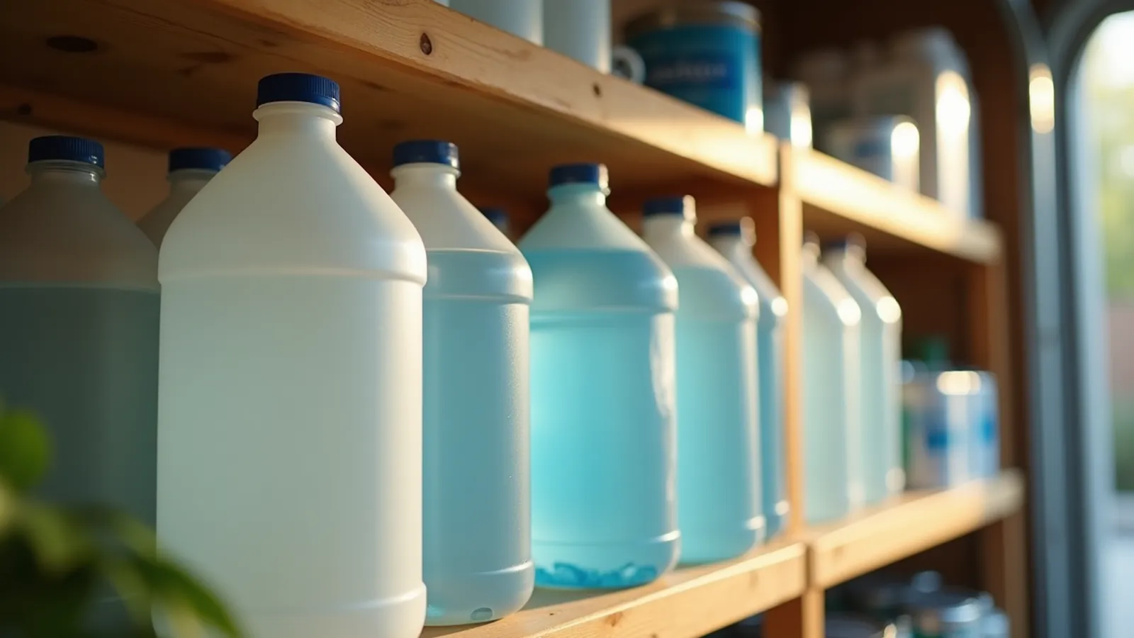 White and light-blue food-grade water jugs lined up on a sturdy wooden garage shelf