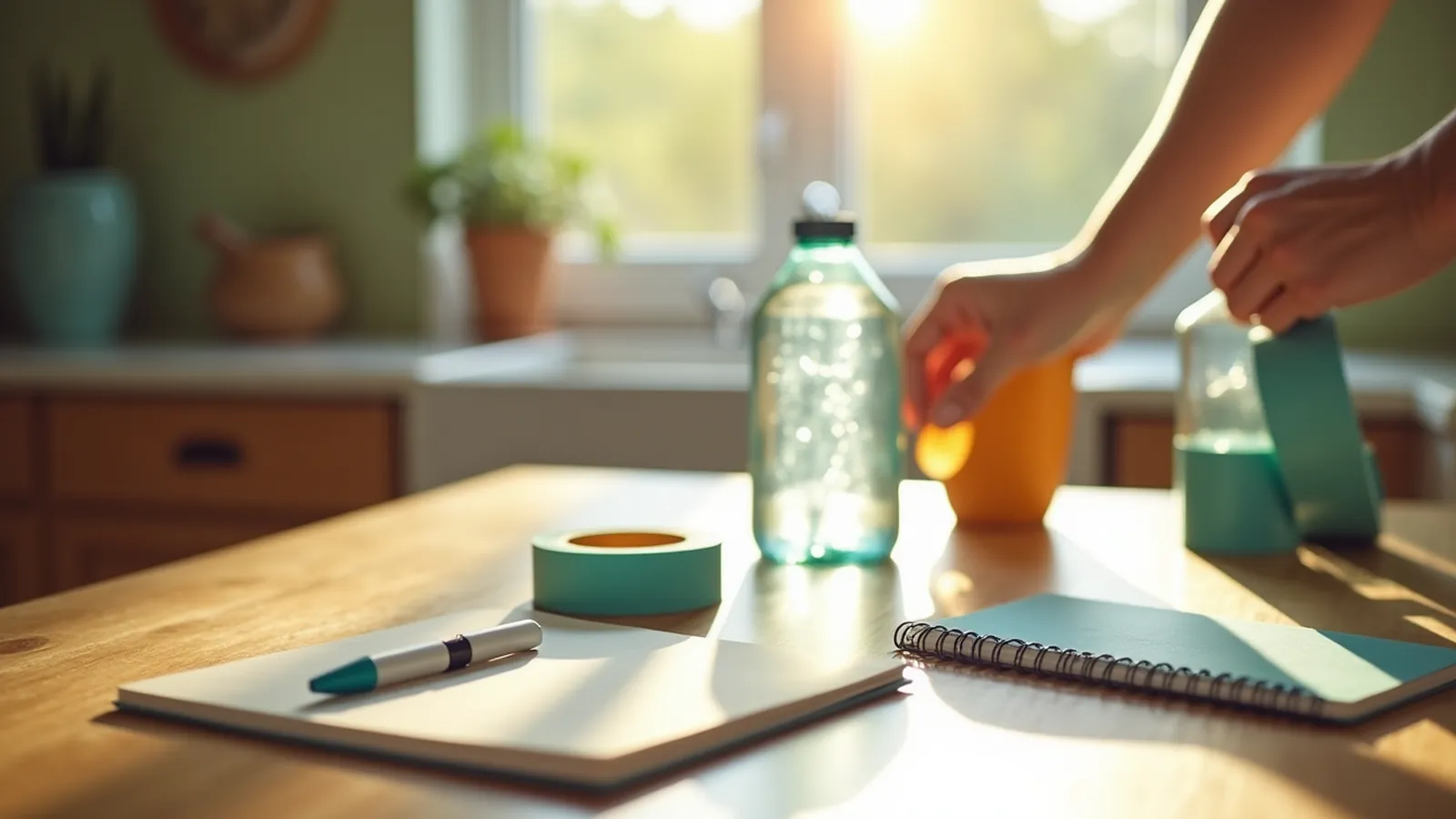 Blank tape and marker beside water jugs on a kitchen table