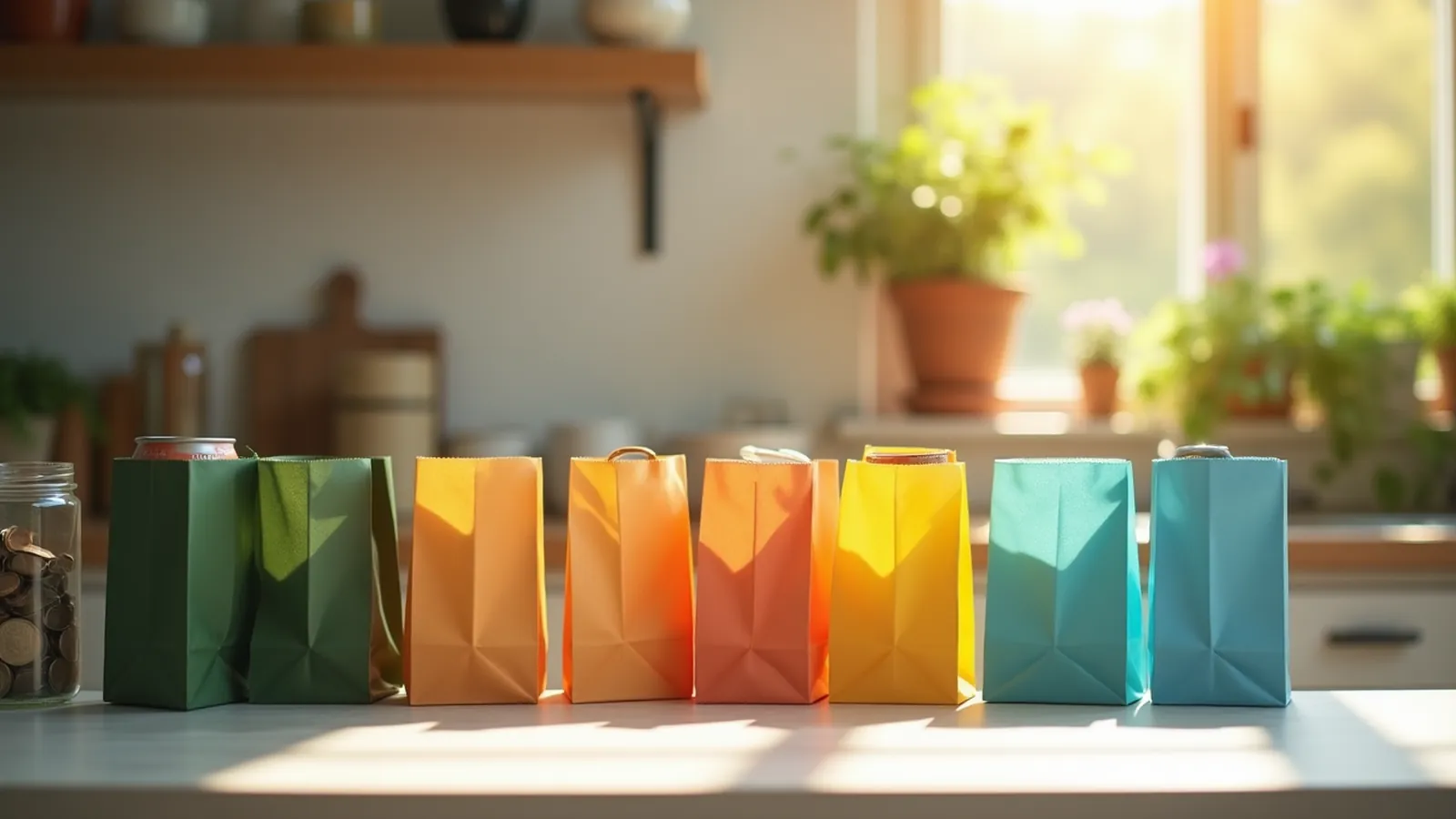 Ten paper bags with canned goods and a coin jar on a kitchen counter.