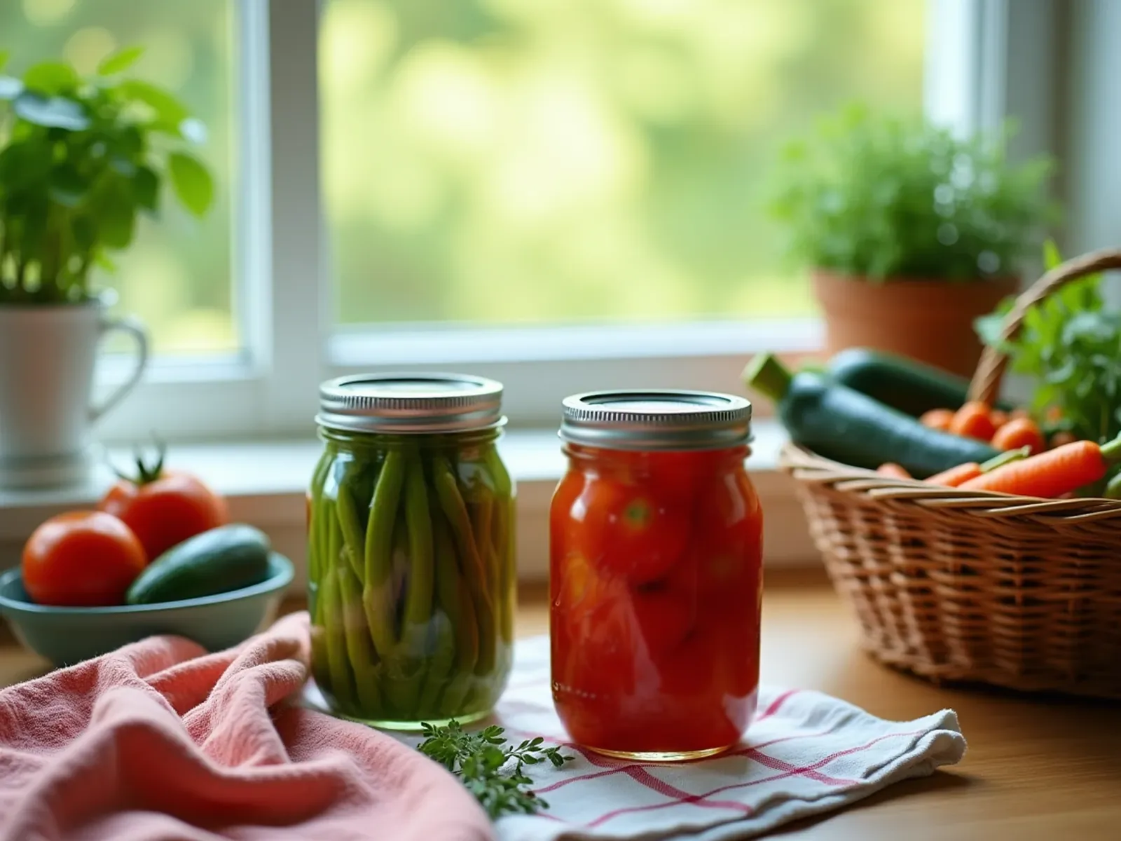 Home-canned jars of green beans and tomatoes on a kitchen counter beside a basket of fresh garden vegetables.