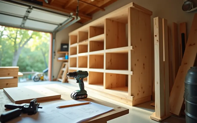 A tall wooden storage shelf being built in a bright garage workshop, with a cordless drill and pine boards on the bench.
