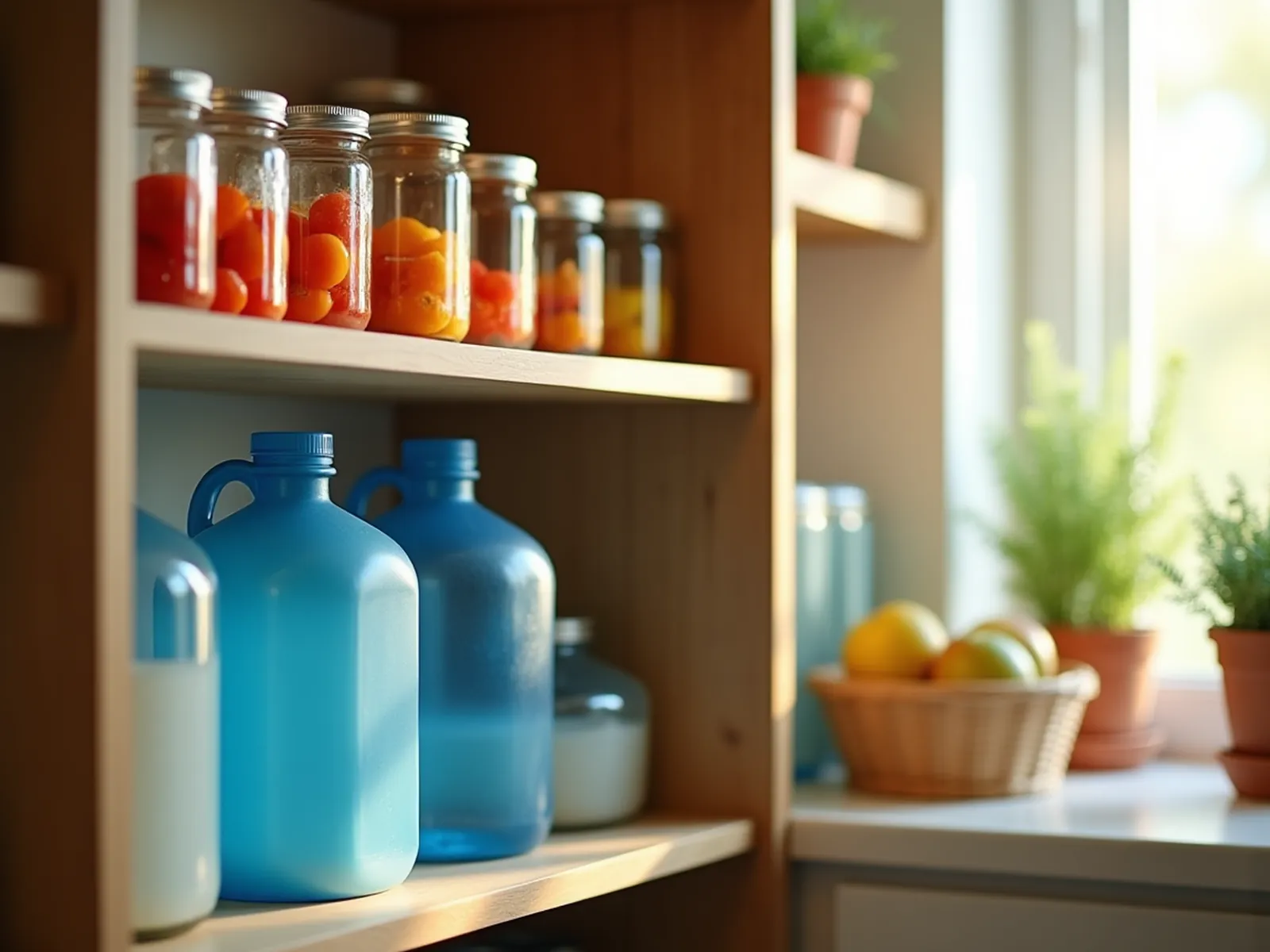 Pantry shelves with blue water jugs on the bottom and jars of home-canned fruit and tomatoes above, beside a sunny window.