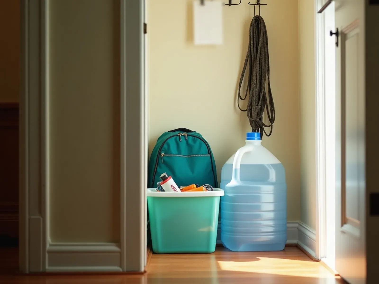 An emergency kit in a hall closet: a teal backpack, a bin of supplies and a large water container, with a dog leash on a hook.
