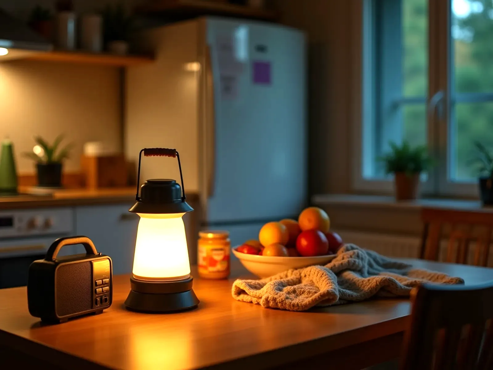 A battery lantern, a small radio and a bowl of fruit on a kitchen table at dusk, with the fridge closed behind.